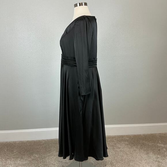 Mac Duggal Satin Long Sleeve Fit and Flare Midi Cocktail Dress Black Size 20W - Picture 5 of 14